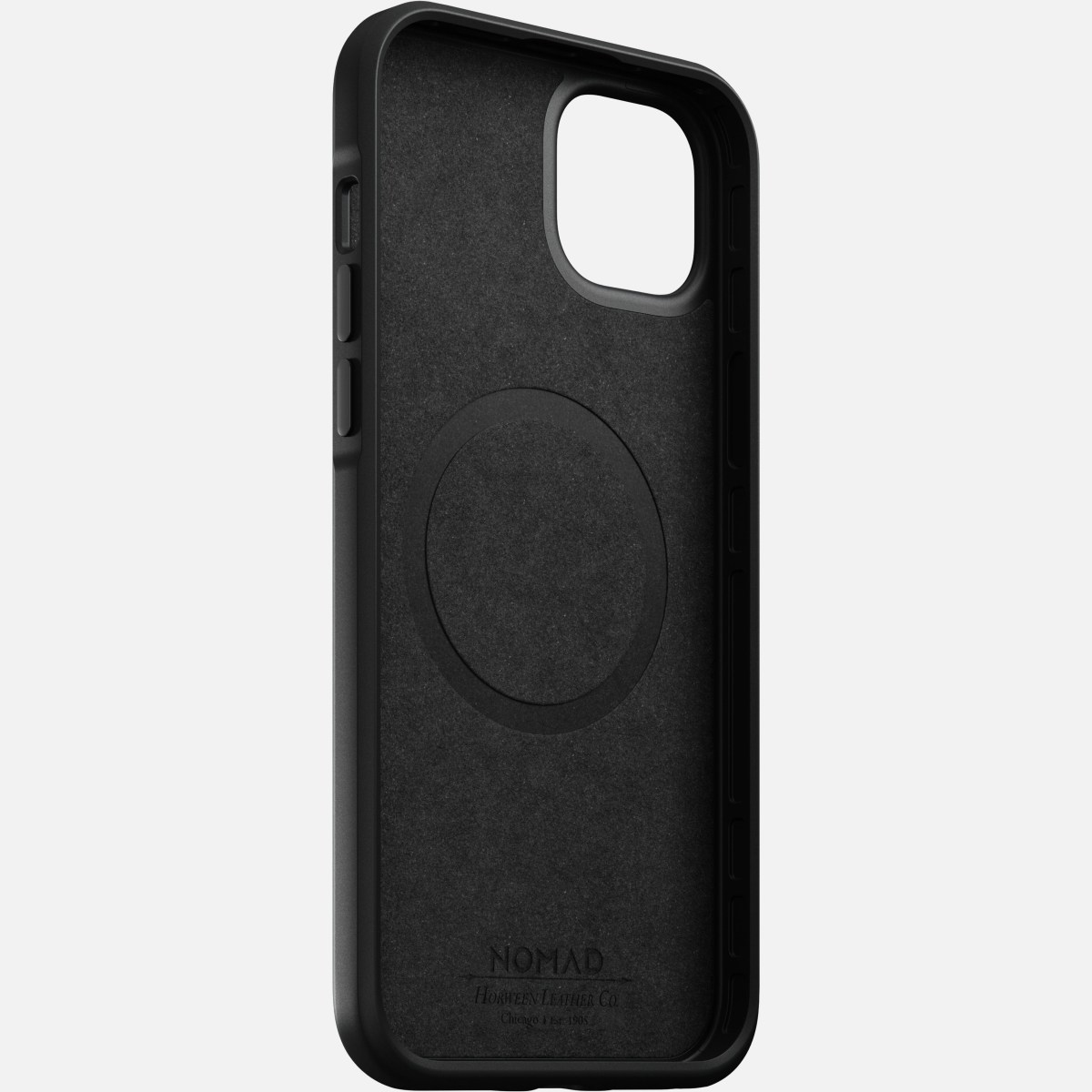 Interno di una custodia per telefono nera, con anello di ricarica magnetica circolare visibile.