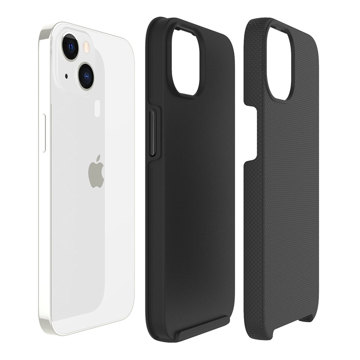 iPhone bianco con custodia nera e custodia nera separata. Sfondo bianco. Telefono con logo Apple.