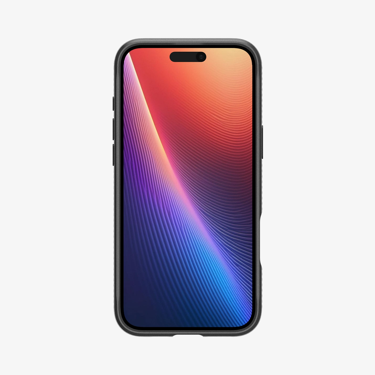 Uno smartphone con custodia, che mostra uno sfondo astratto colorato sullo schermo.