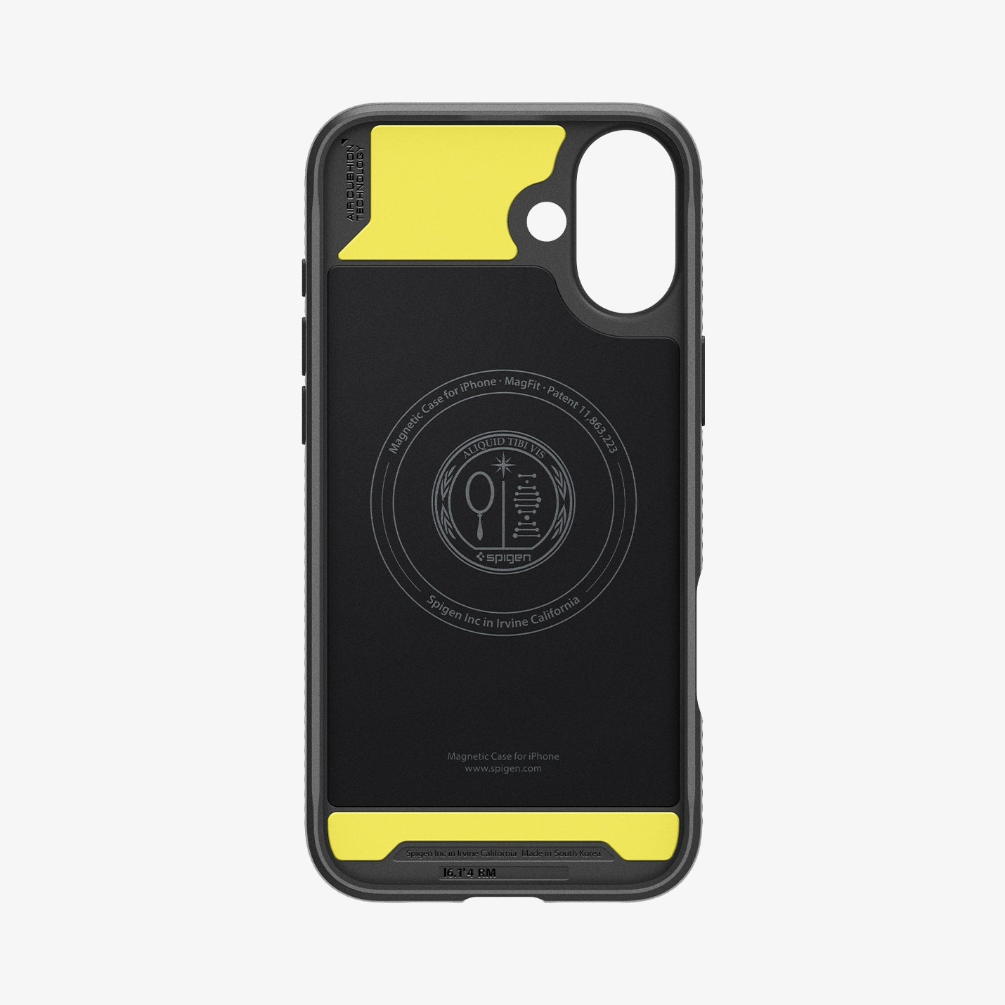 Custodia per telefono nera con accenti gialli, con anello magnetico e marchio.