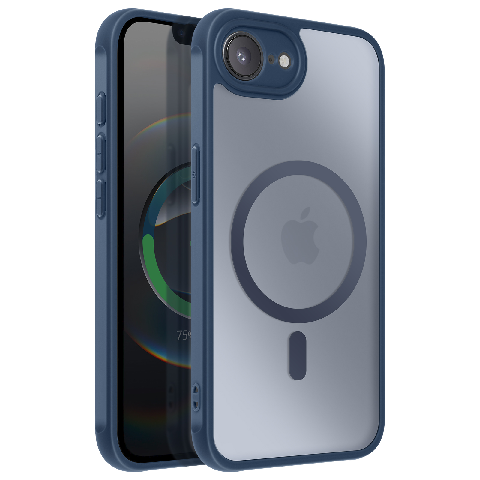 Coque de téléphone bleue avec dos transparent, logo Apple. Cercle MagSafe. Écran de téléphone visible. Fond blanc.