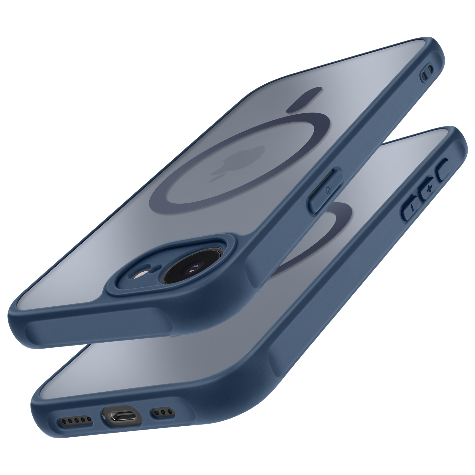 Coque de téléphone bleue avec dos transparent, logo Apple. Cercle MagSafe. Fond blanc.