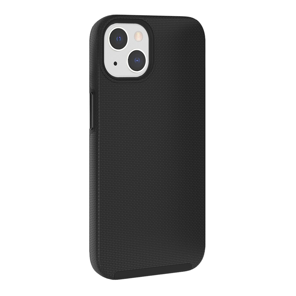 Custodia nera per telefono con una fotocamera su sfondo bianco.