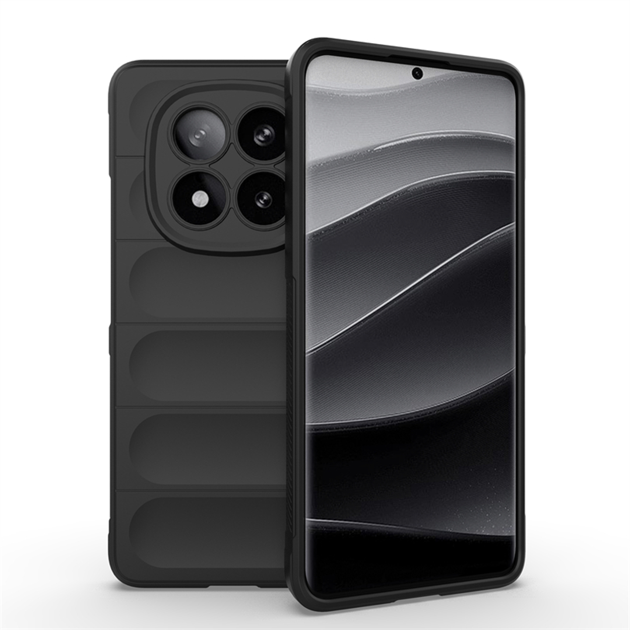 Zwarte telefoon met een getextureerde achterkant. De telefoon ligt op een tafel met een patroonachtergrond.