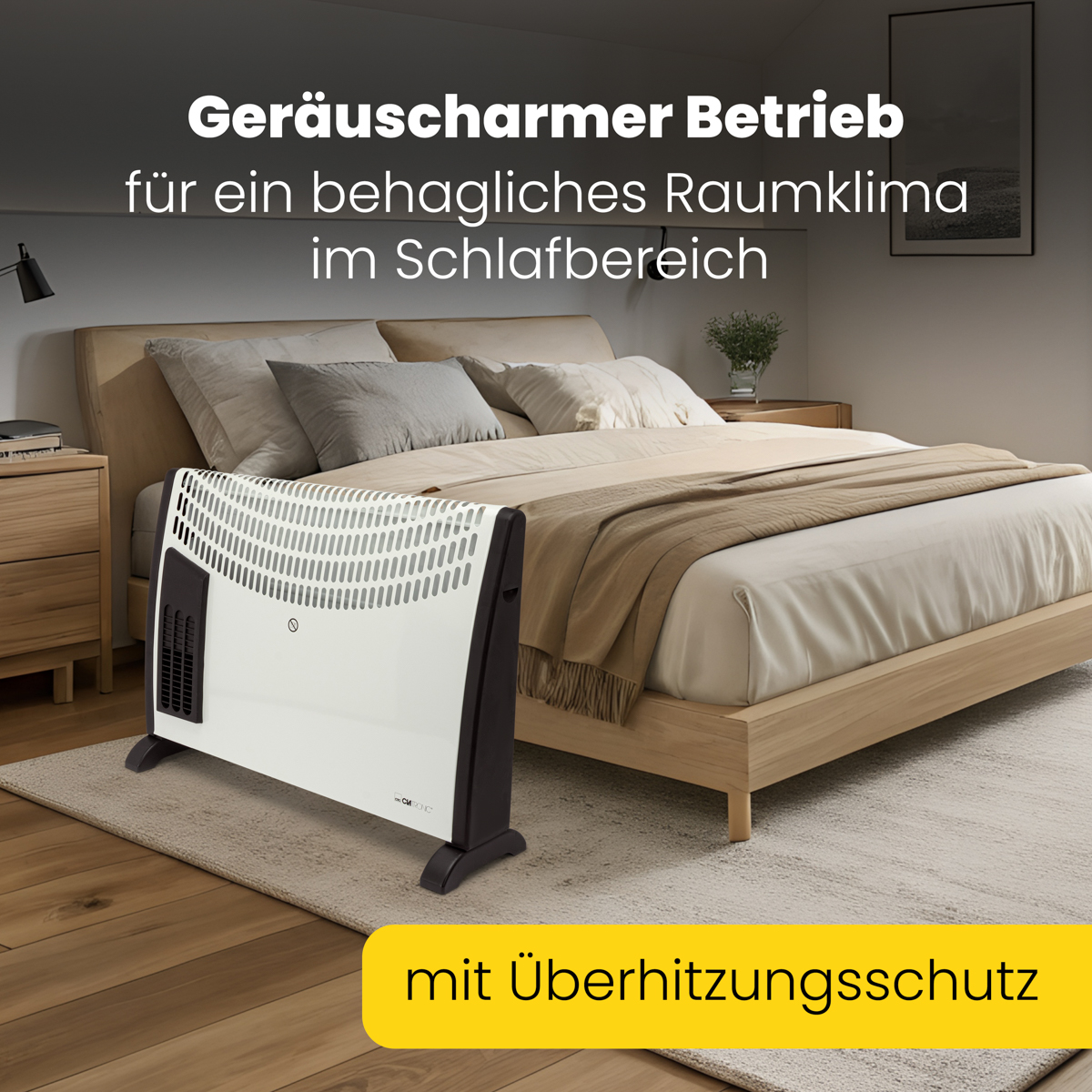 Biały grzejnik na dywanie w sypialni. Tekst w języku niemieckim: cicha praca dla komfortowego klimatu w pomieszczeniu.