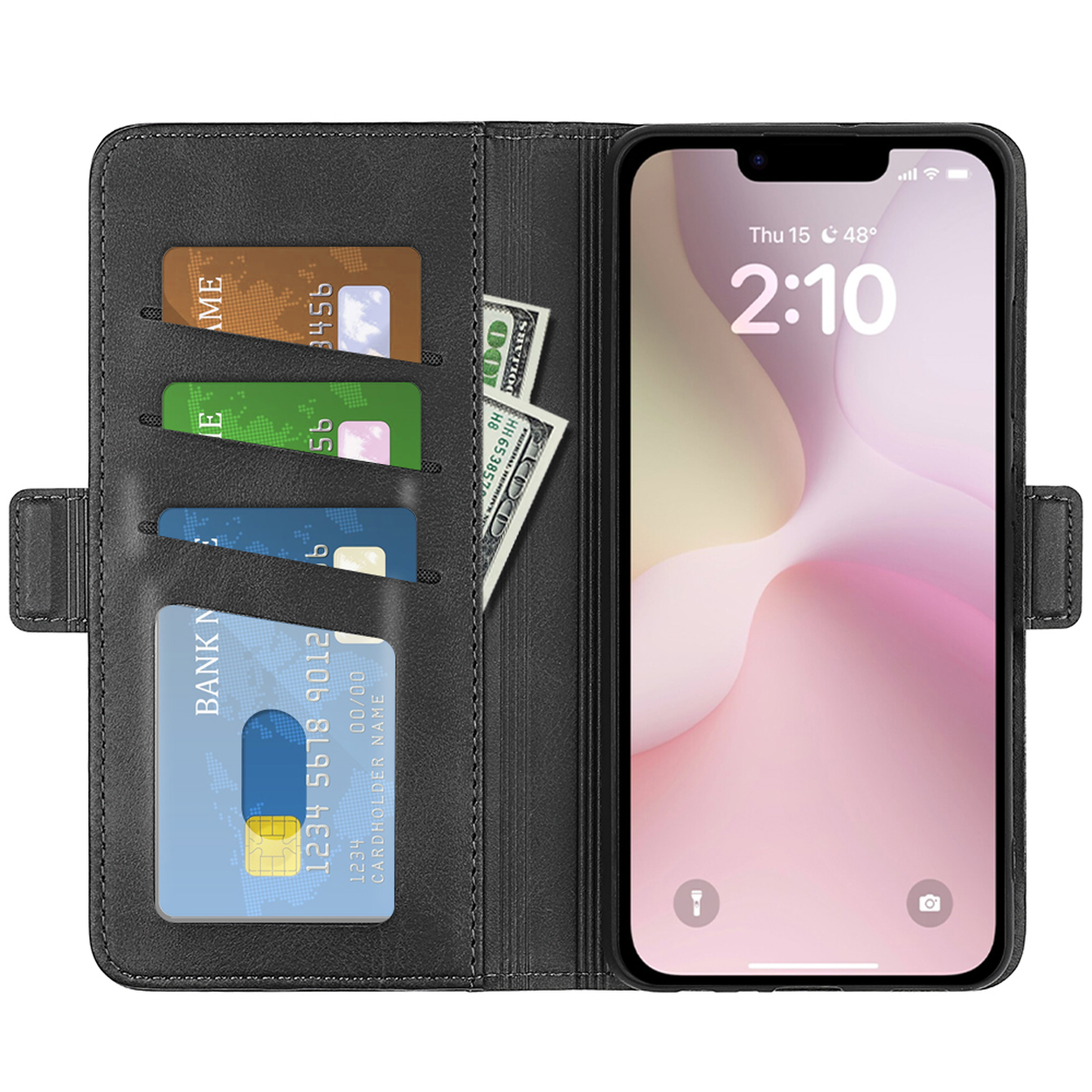 Telefoonhoes open, met kaarten, contant geld en een telefoon met een roze afbeelding.