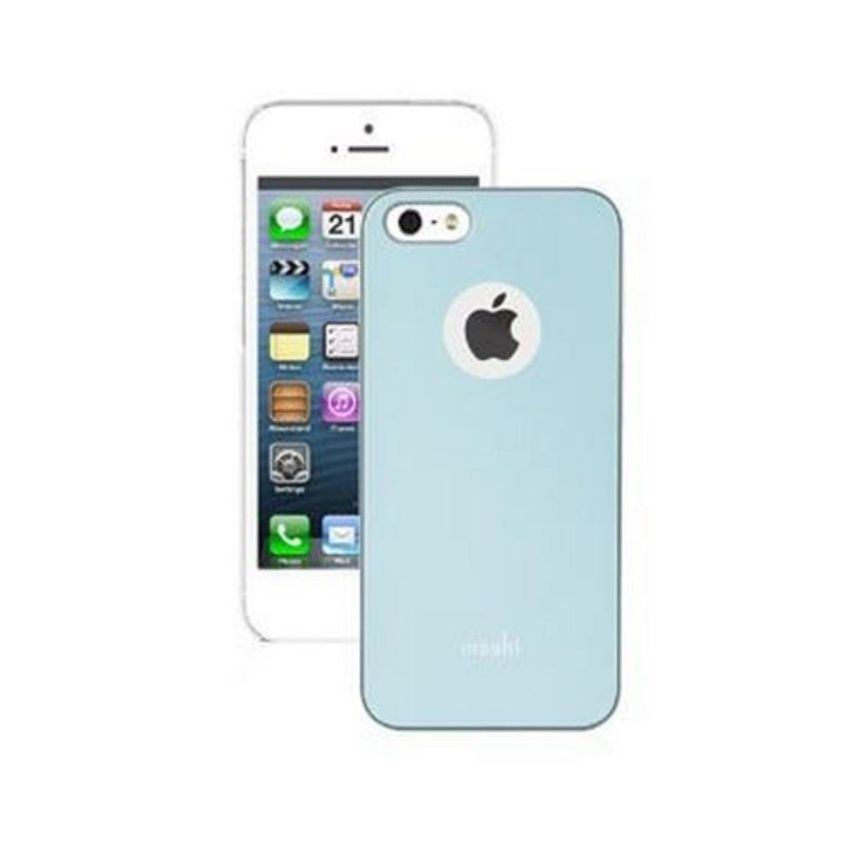 Telefono bianco con custodia blu, che mostra lo schermo del telefono.