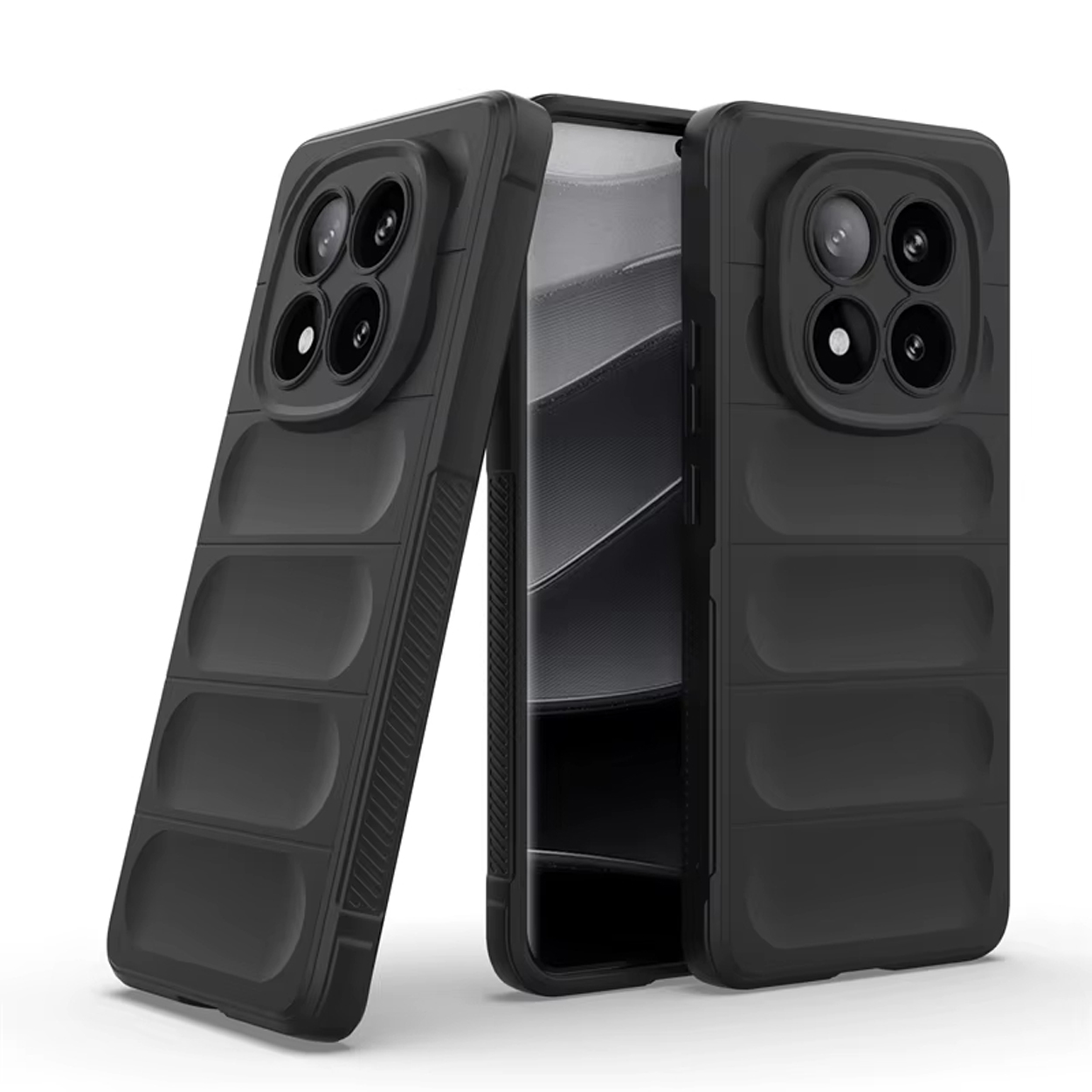 Twee zwarte telefoonhoesjes, één iets boven de ander. Beide hebben een getextureerd ontwerp.