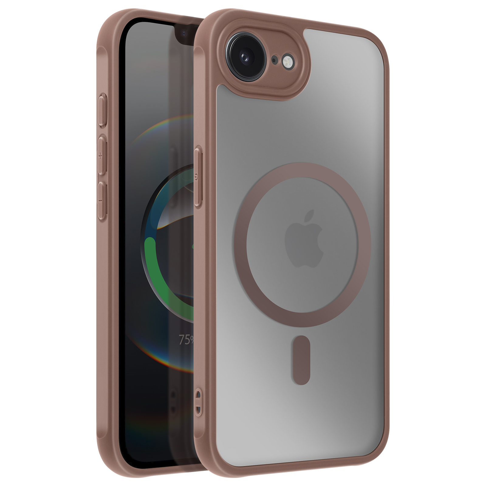 Roze telefoonhoesje met doorzichtige achterkant, het Apple-logo is zichtbaar. De telefoon is gedeeltelijk zichtbaar.