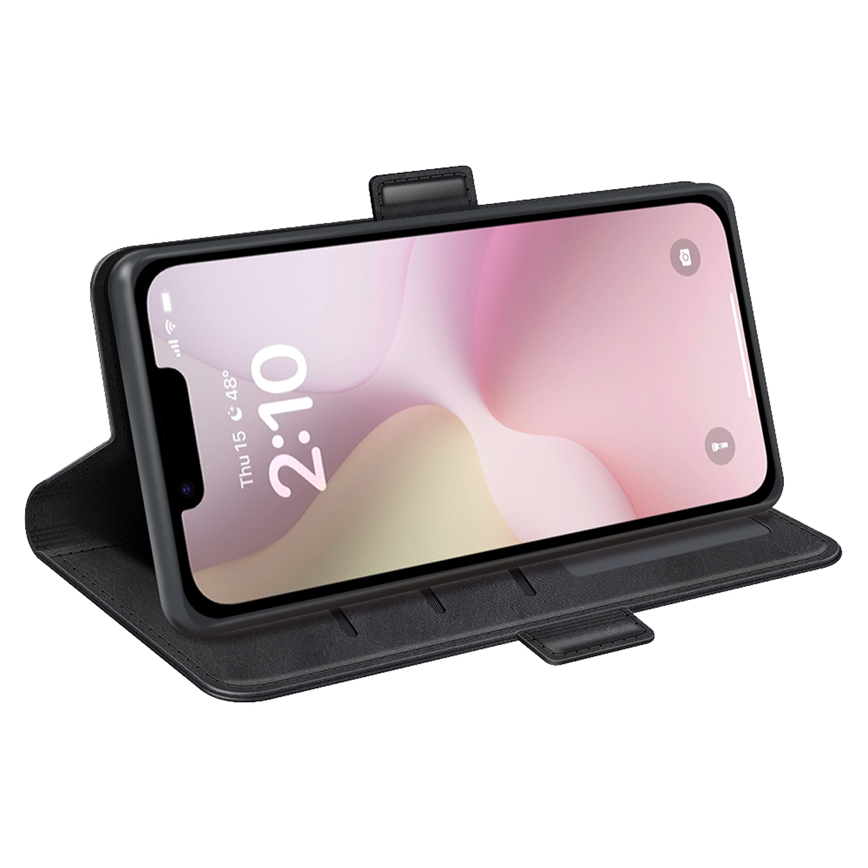 Een telefoon in een zwarte folio-hoes is opengeklapt en opgezet, met het scherm zichtbaar. De tijd is zichtbaar.