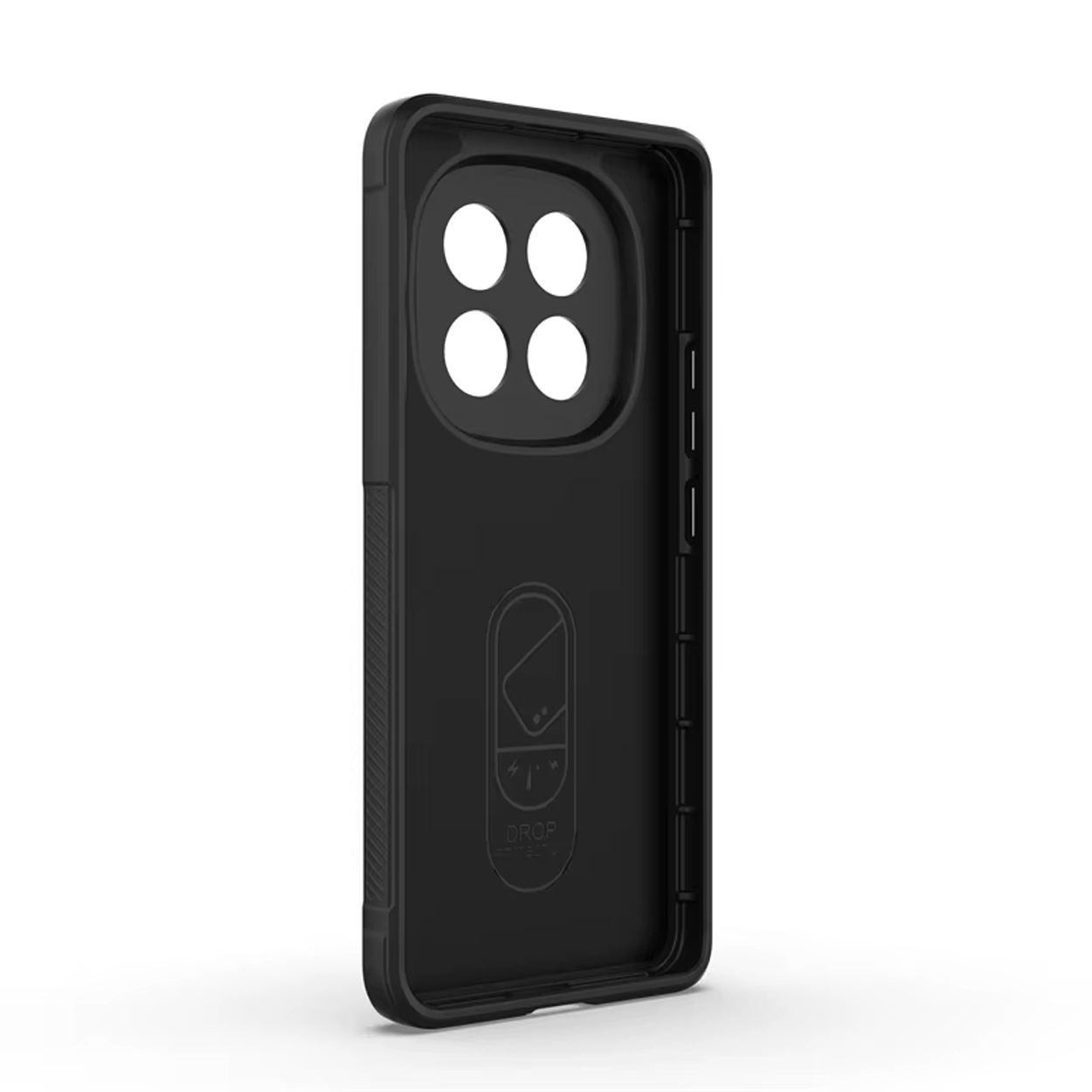 Zwarte telefoonhoes met een cirkelvormige uitsparing voor de camera. De binnenkant heeft een valbeschermingsontwerp.