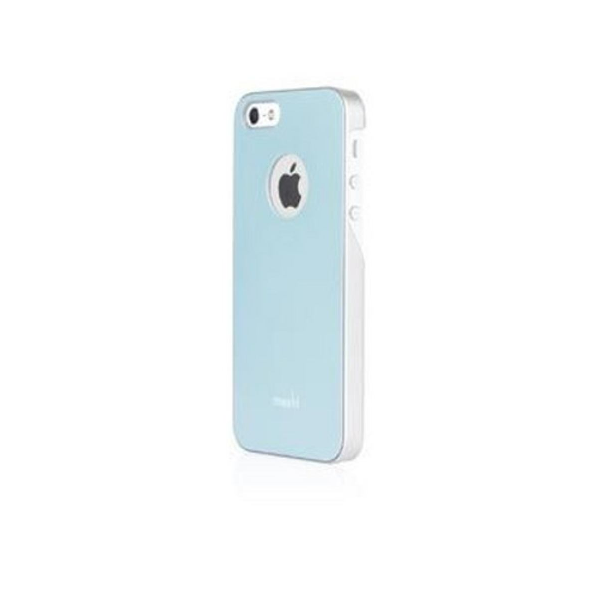 Una custodia per telefono azzurra con il logo Apple sul retro. Il telefono ha un lato bianco.