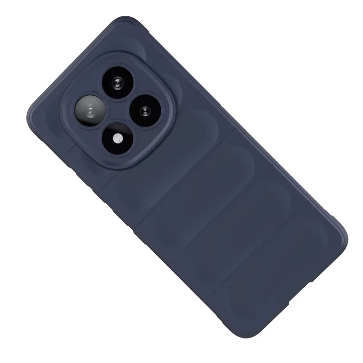 Donkerblauwe telefoonhoes met een camera en een gestructureerd ontwerp.