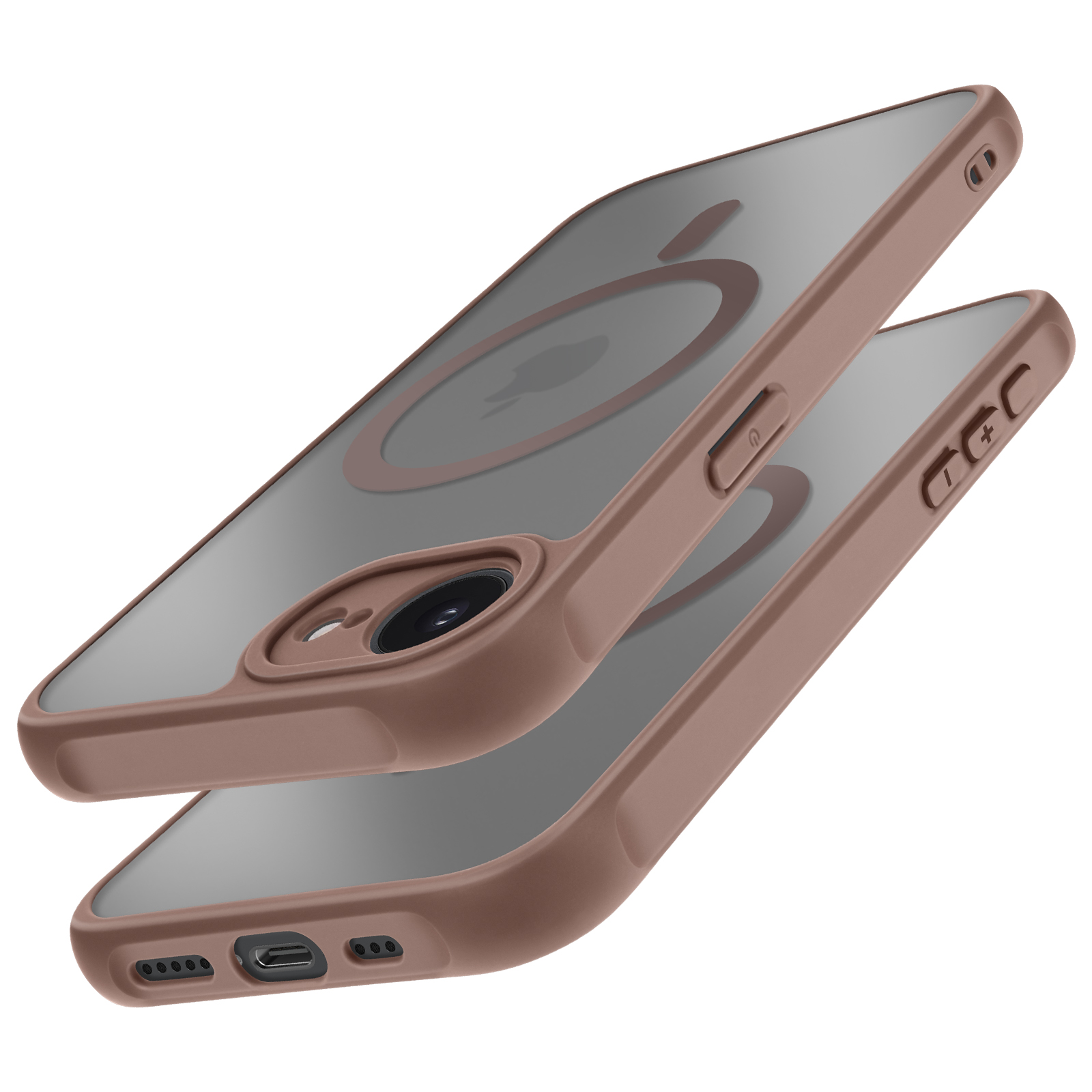 Twee roze telefoonhoesjes, één iets boven de ander. Elk met een doorzichtige achterkant en Apple-logo.