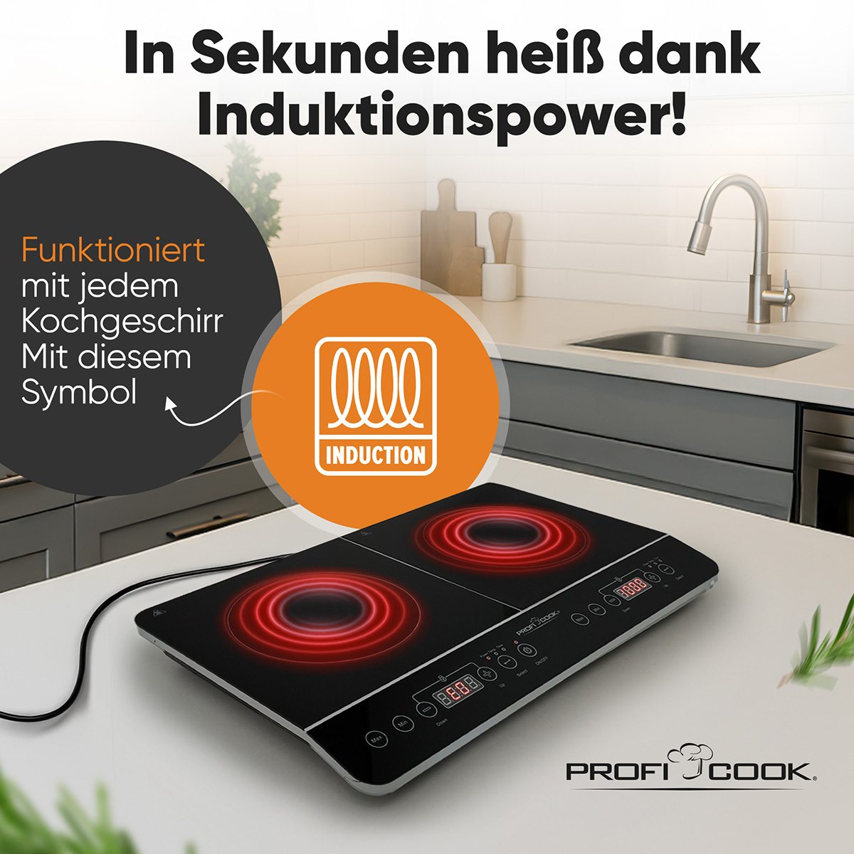 Czarna płyta grzejna ze symbolami indukcji. Dwa czerwone okręgi i tekst: In Sekunden heiß dank Induktionspower!