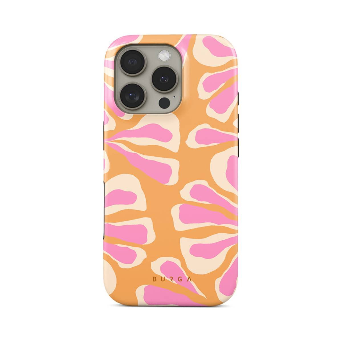 Custodia per telefono con motivo floreale arancione e rosa. Il marchio BURGA è in basso.