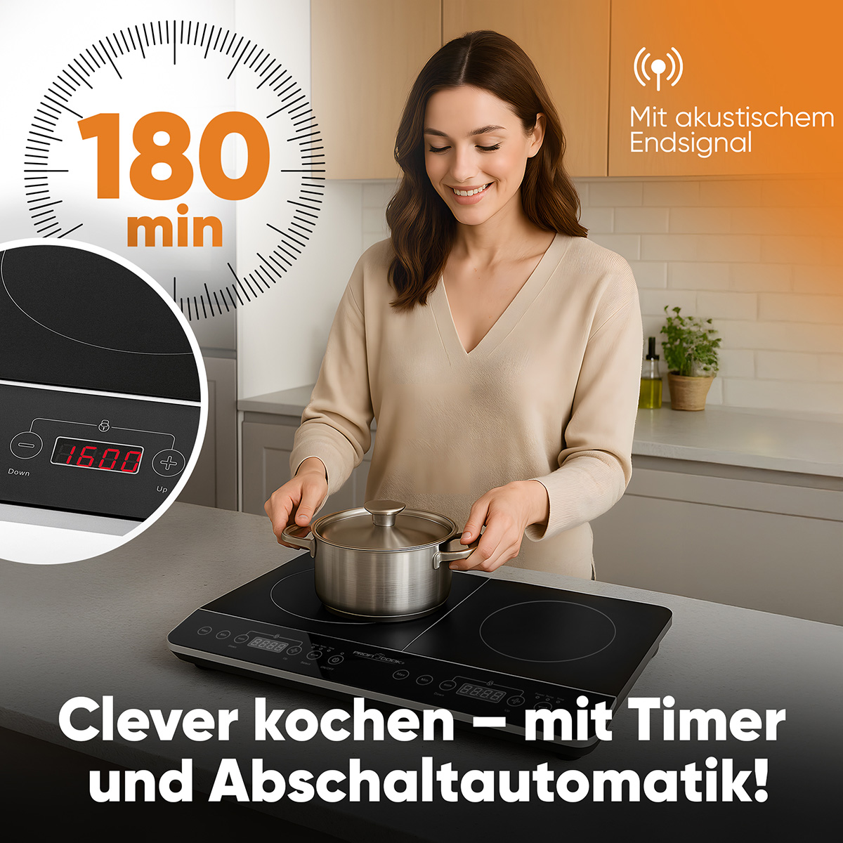 Kobieta używa czarnej płyty grzejnej z timerem ustawionym na 180 minut. Tekst: Clever kochen - mit Timer und Abschaltautomatik!