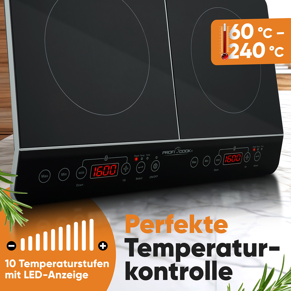 Czarna płyta indukcyjna z wyświetlaczami cyfrowymi, regulatorami temperatury i grafiką termometru.