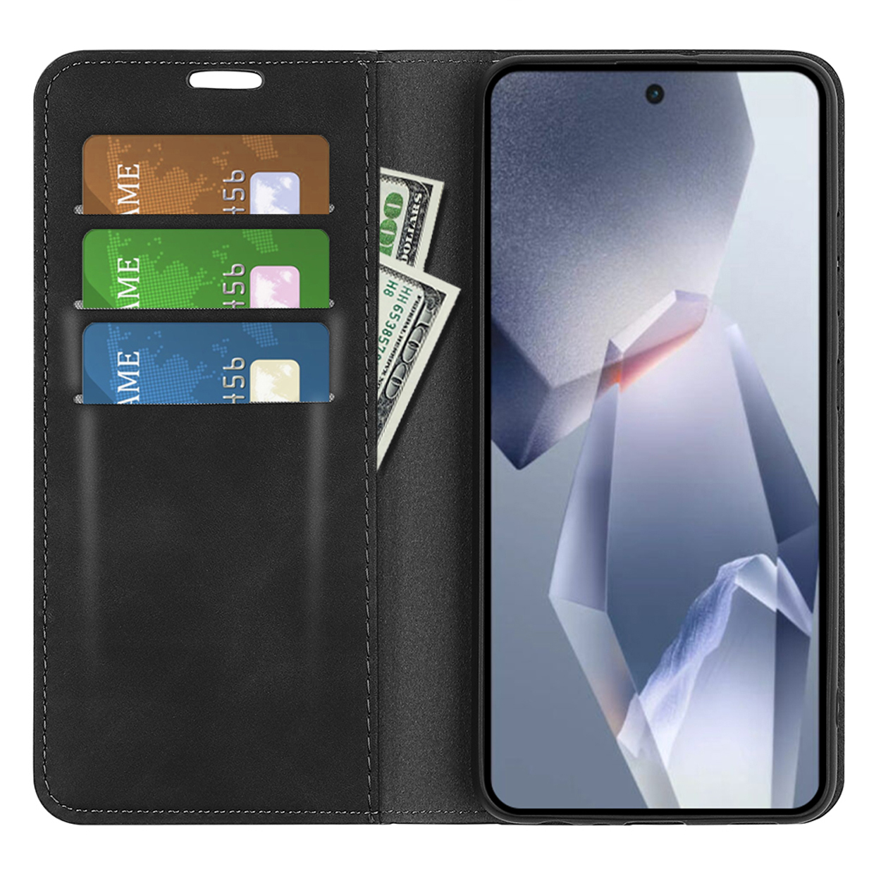 Zwarte telefoonhoes, open om telefoon, creditcards en contant geld te tonen.