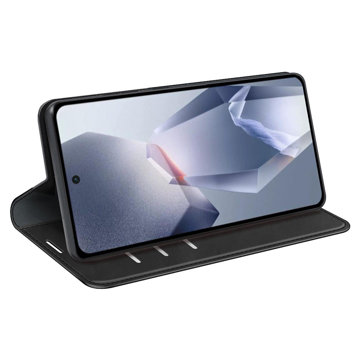 Zwarte telefoonhoes met een telefoon met een abstract ontwerp. De hoes is open en ligt op een oppervlak.