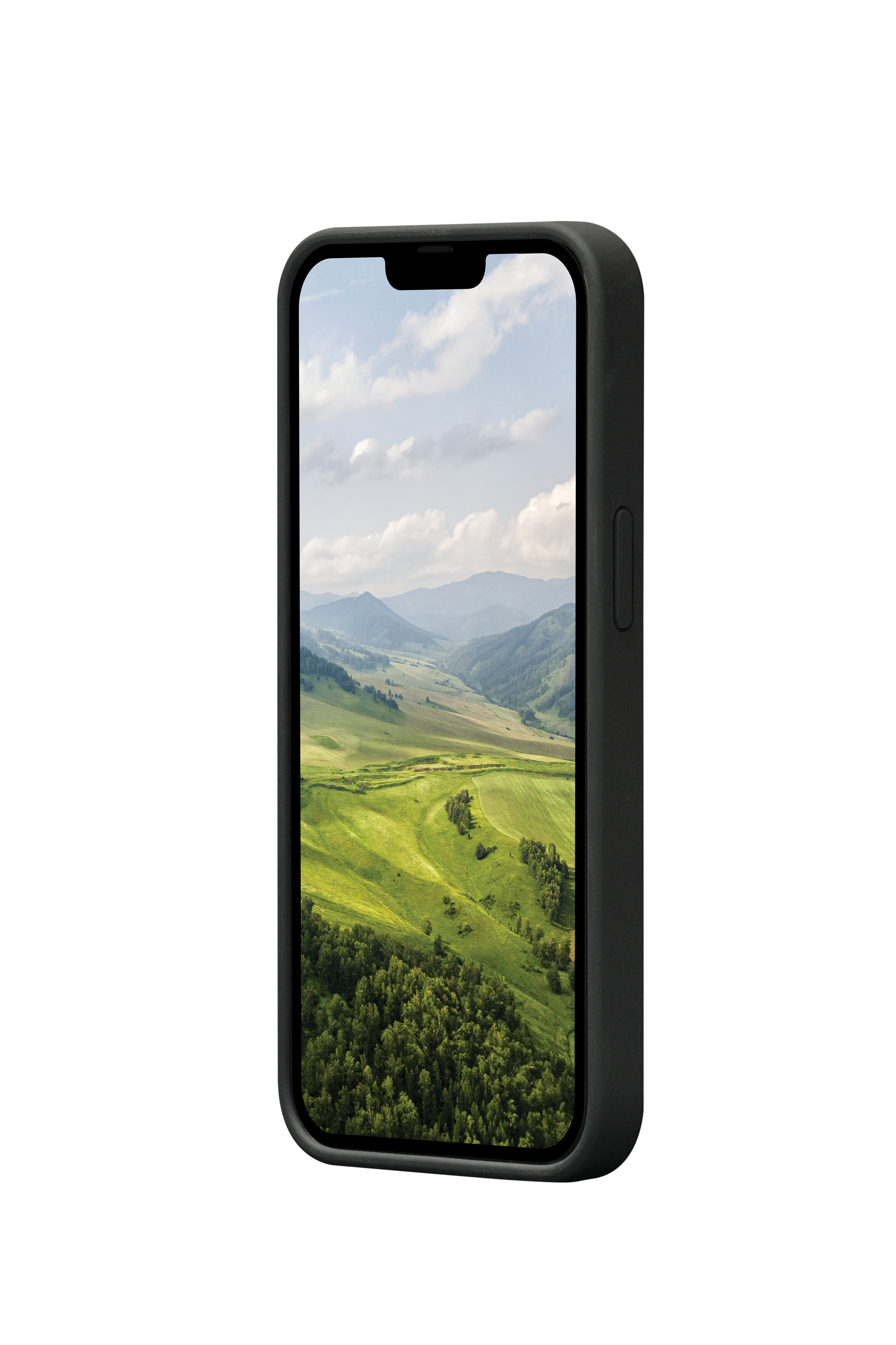 Telefono nero in una custodia con un'immagine di paesaggio sullo schermo. Sfondo bianco.