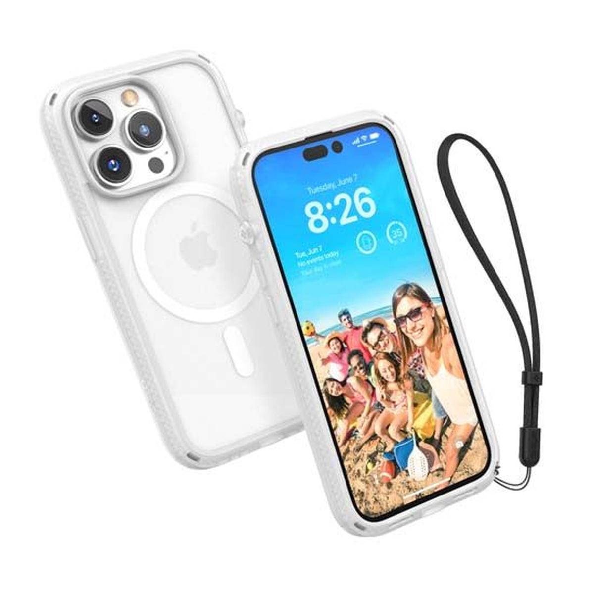 Un telefono con una foto di famiglia sullo schermo, in una custodia bianca. Un'altra custodia accanto.