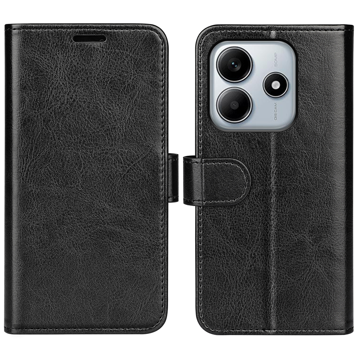 Zwarte leren telefoonhoes, open, met de telefoon zichtbaar. De hoes heeft een sluiting.