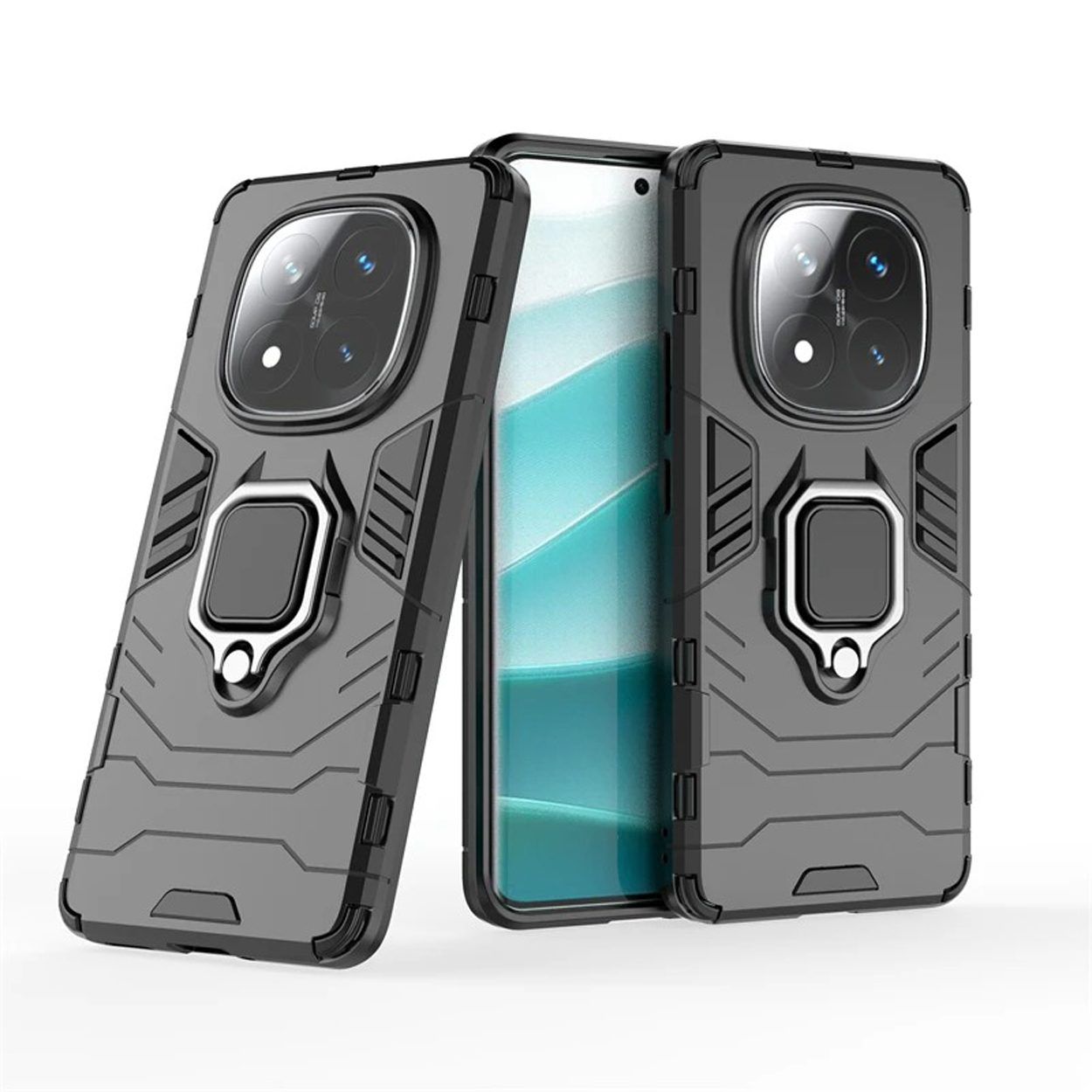 Deux coques de téléphone sur fond blanc, avec des supports d'anneau.