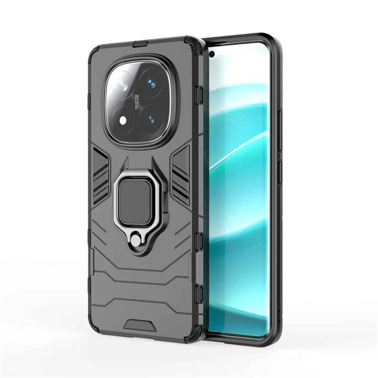Coque de téléphone grise avec un support d'anneau. Le téléphone a plusieurs caméras. Fond blanc.