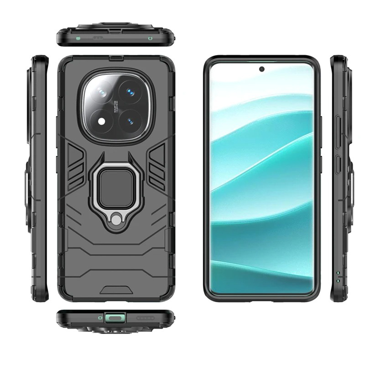 Meerdere aanzichten van een grijze telefoonhoes met een ringhouder en meerdere camera's. Witte achtergrond.