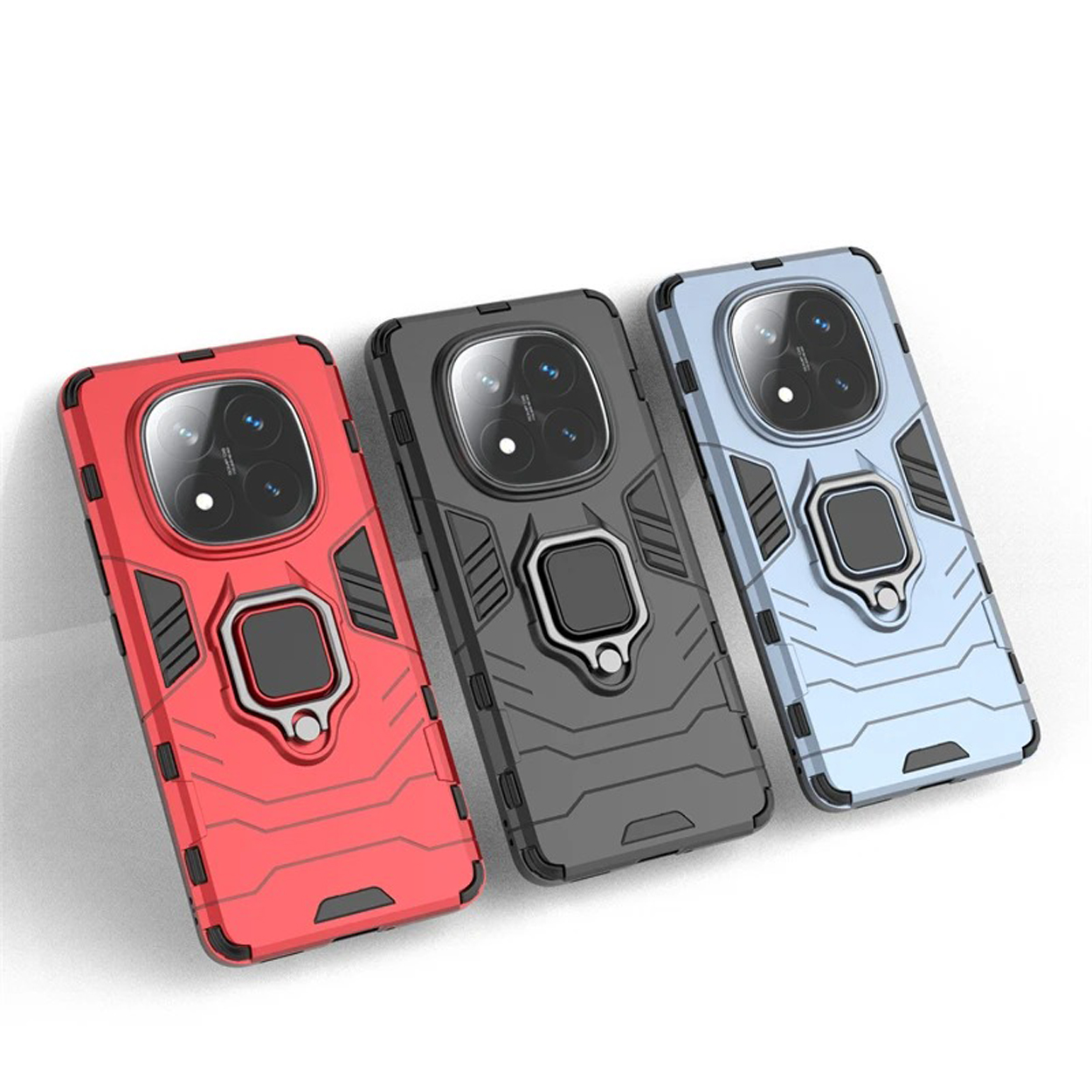 Drie telefoonhoesjes, rood, grijs en blauw, met ringhouders. Witte achtergrond.
