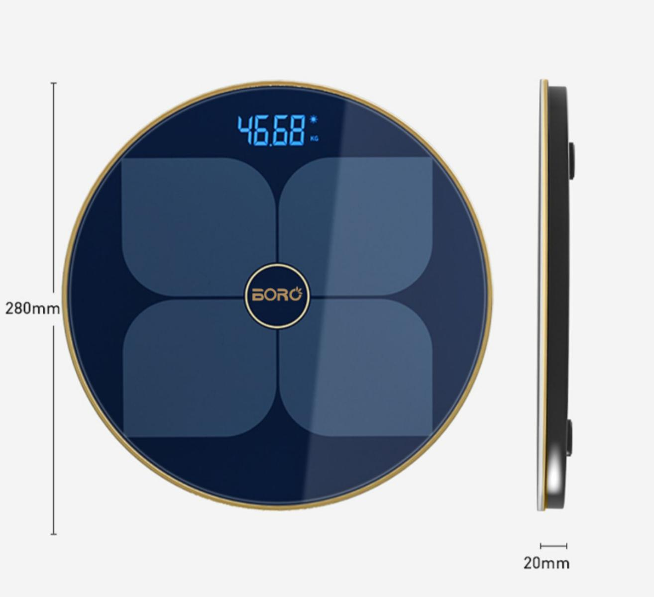 Digitale Waage mit blauem, vierteiligem Design. Liest 46,68 kg. Maße: 280 mm x 20 mm.