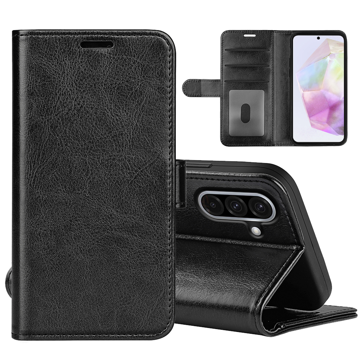 Étui de téléphone noir ouvert pour révéler un téléphone et des fentes pour cartes.