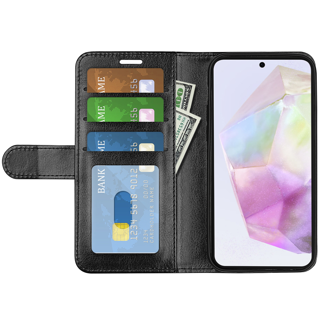 Étui de téléphone noir ouvert pour révéler des cartes, de l'argent et un téléphone. L'étui est fermé.