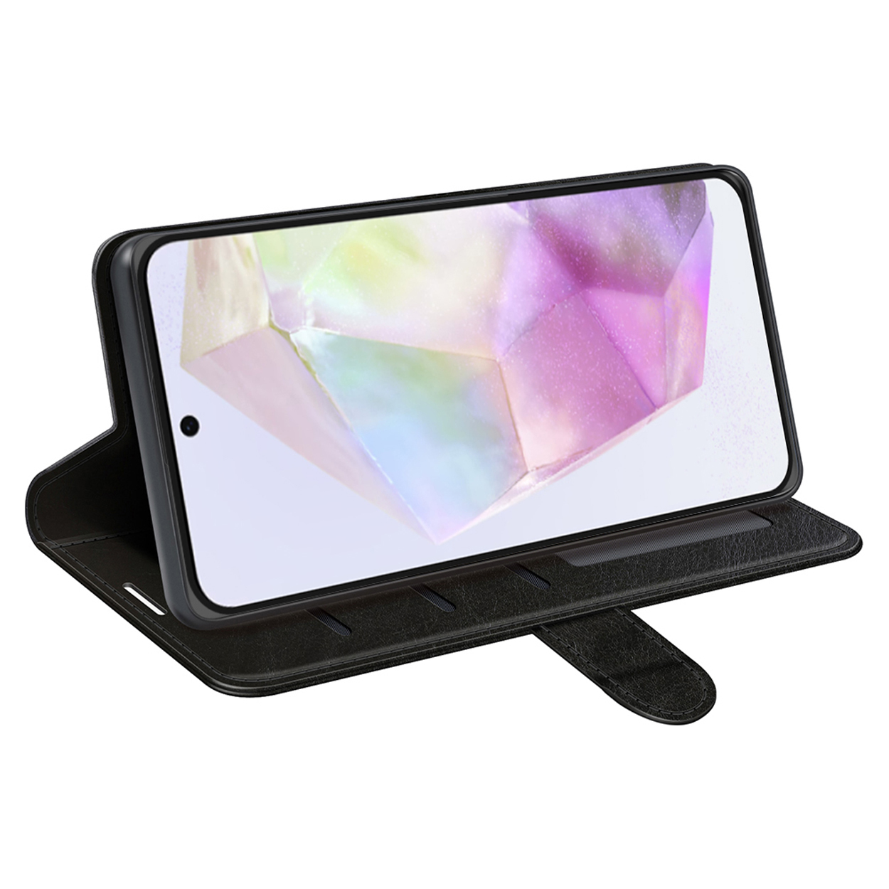 Étui de téléphone noir ouvert pour révéler un téléphone.