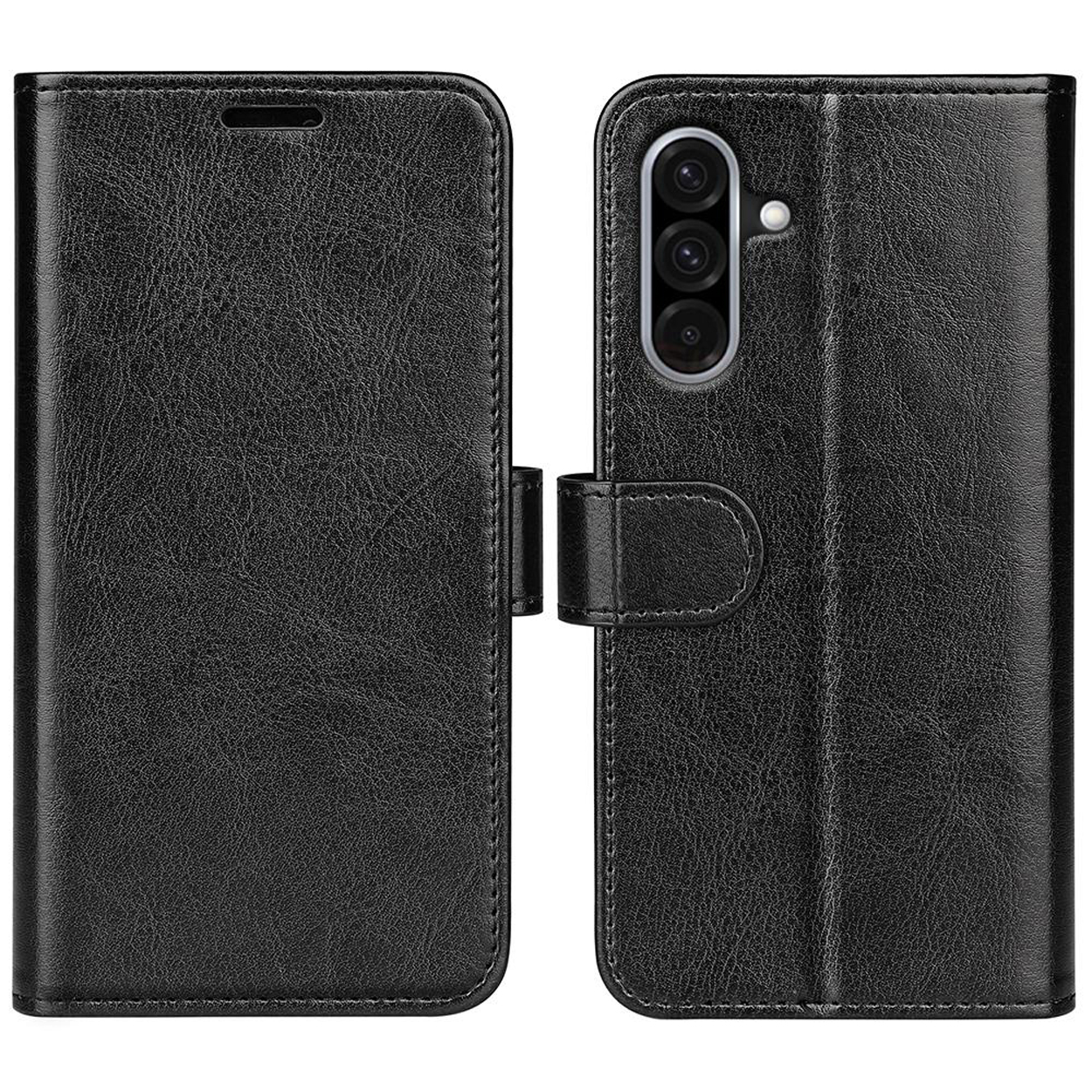 Étui de téléphone en cuir noir, ouvert. Il a un fermoir. L'étui entoure le téléphone, qui est visible à l'intérieur.