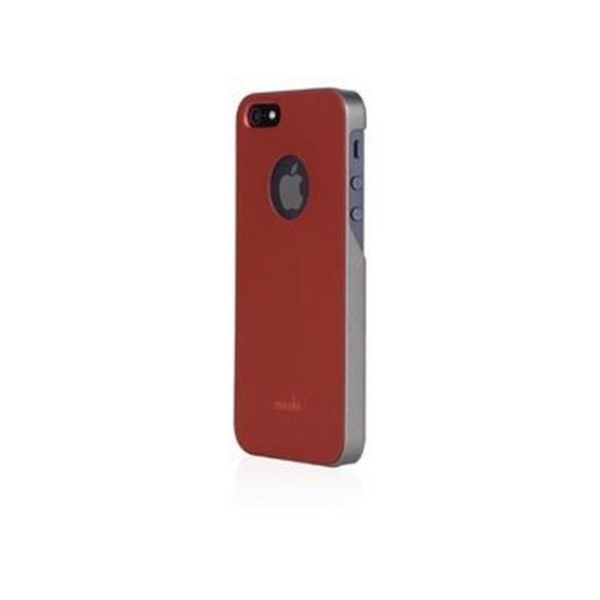 Custodia rossa per iPhone con logo Apple. La custodia è rossa e ha il logo Apple. La parola moshi è sulla custodia.