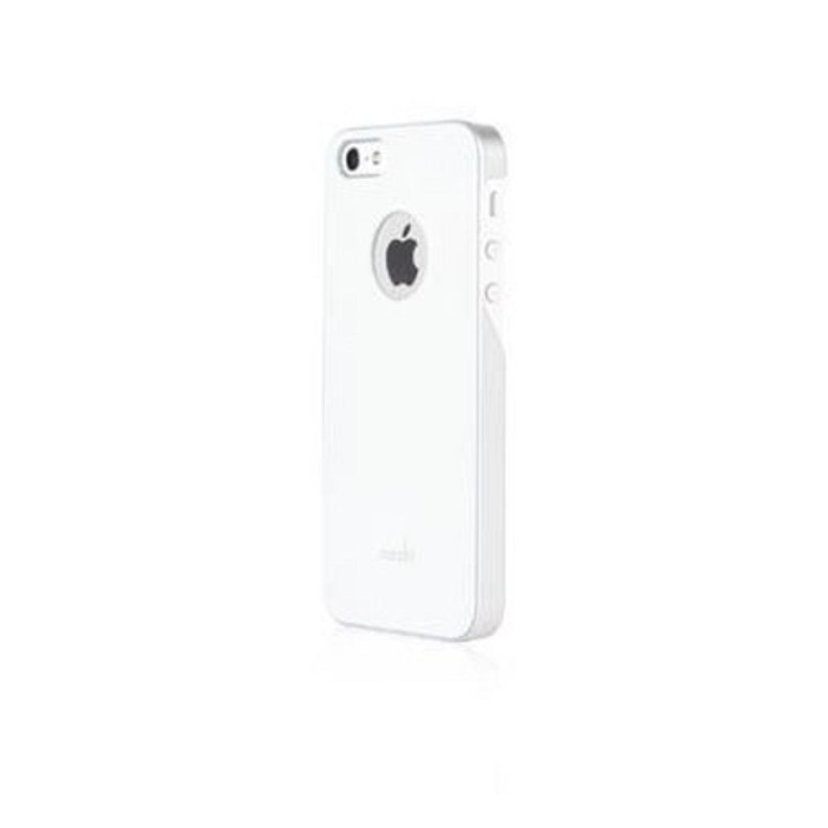 Custodia bianca per iPhone con logo Apple. La custodia è su uno sfondo bianco, che mostra il retro del telefono.