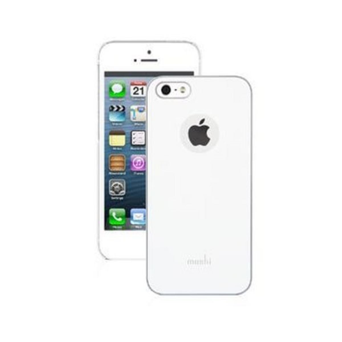 iPhone bianco e custodia bianca. L'iPhone mostra la schermata iniziale con le app. La custodia ha il logo Apple.
