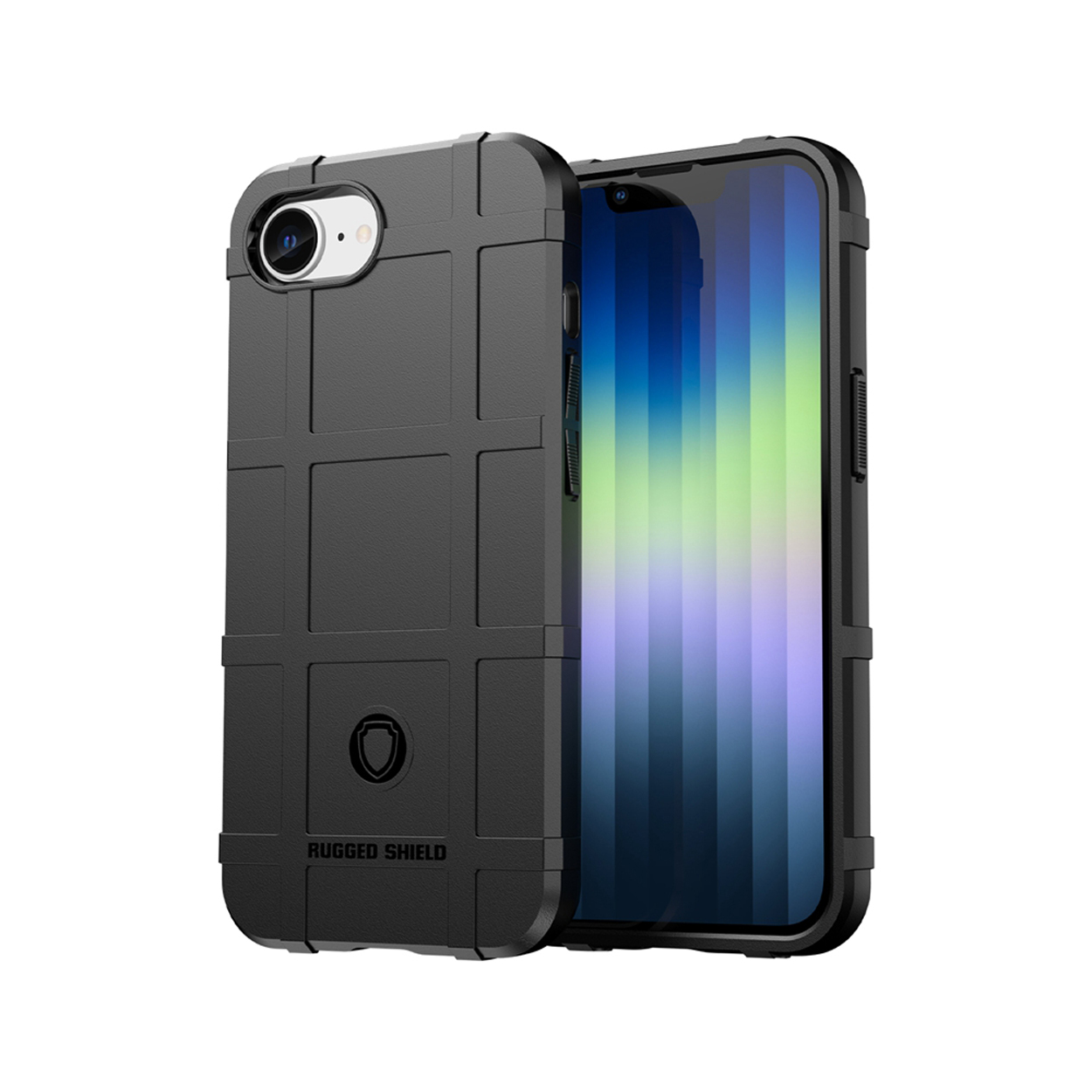 Zwarte telefoonhoes met een robuust ontwerp. De telefoon is ingevoegd. De hoes heeft een gestructureerd rasterpatroon.