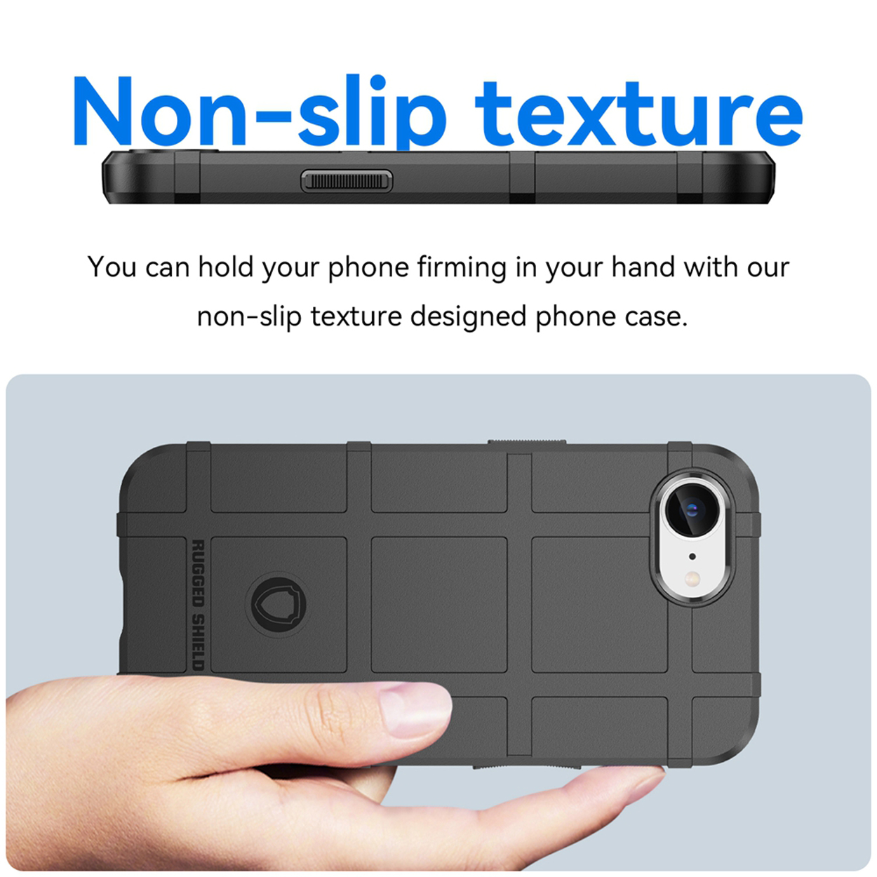 Zwarte telefoonhoes met antisliptextuur. Tekst zegt 'Antisliptextuur'.