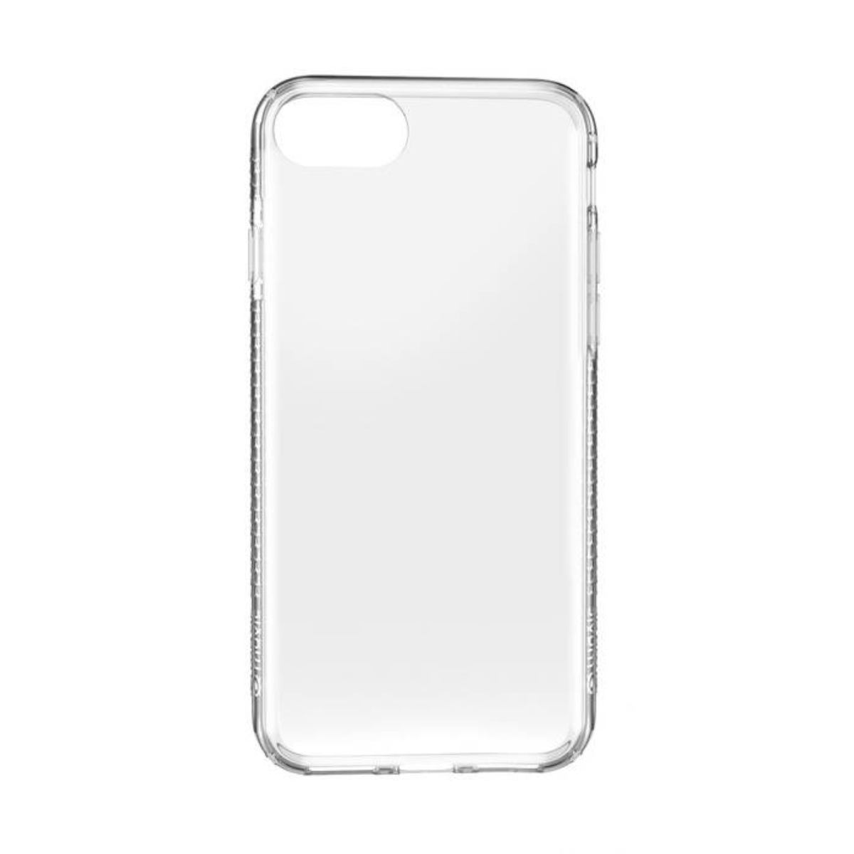 Custodia trasparente per telefono. Ha un ritaglio per la fotocamera e si trova su sfondo bianco.