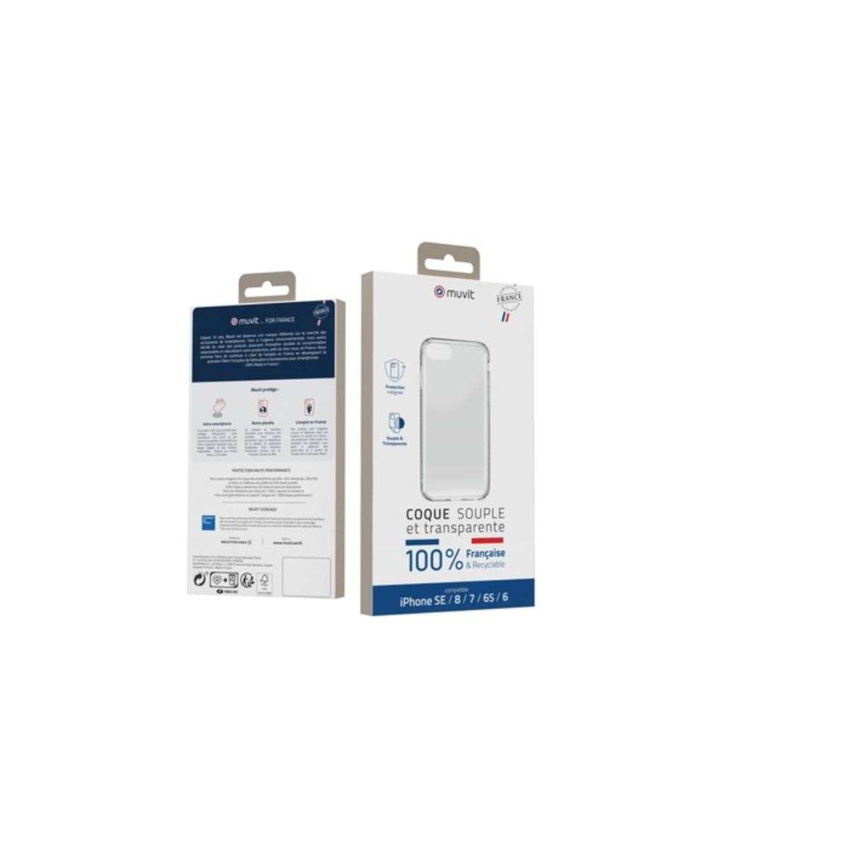 Confezione della custodia per telefono Muvit, vista anteriore e posteriore, su sfondo bianco.