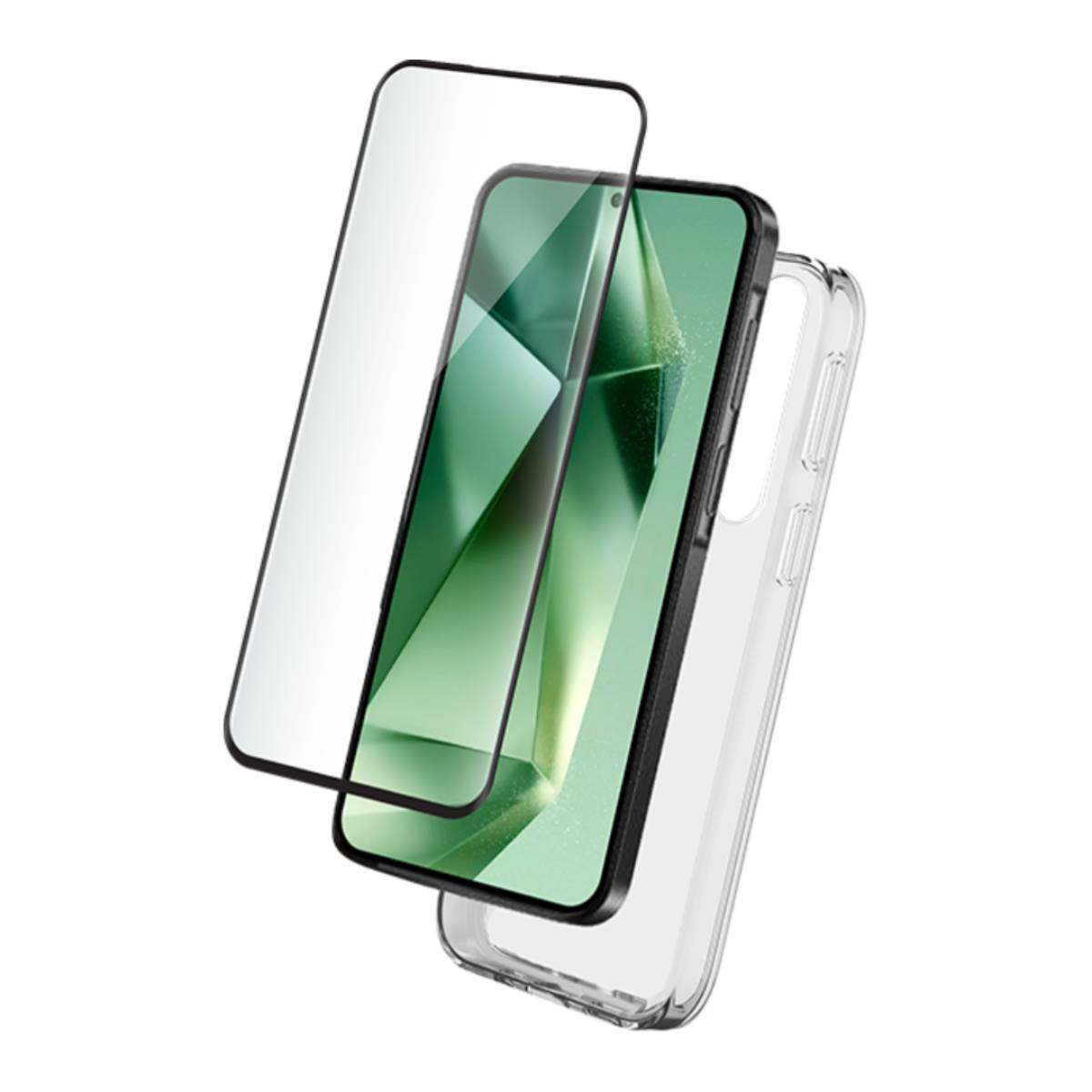 Telefono con protezione schermo e custodia trasparente. Schermo verde su sfondo bianco.
