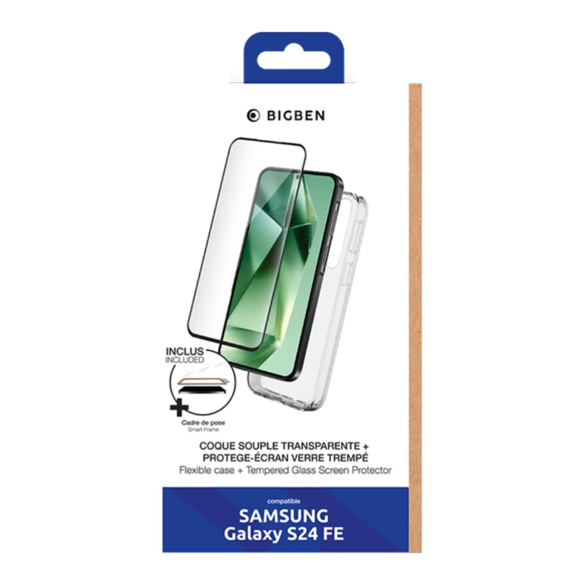 Confezione della custodia del telefono con telefono e protezione schermo. Dice 'SAMSUNG Galaxy S24 FE'.