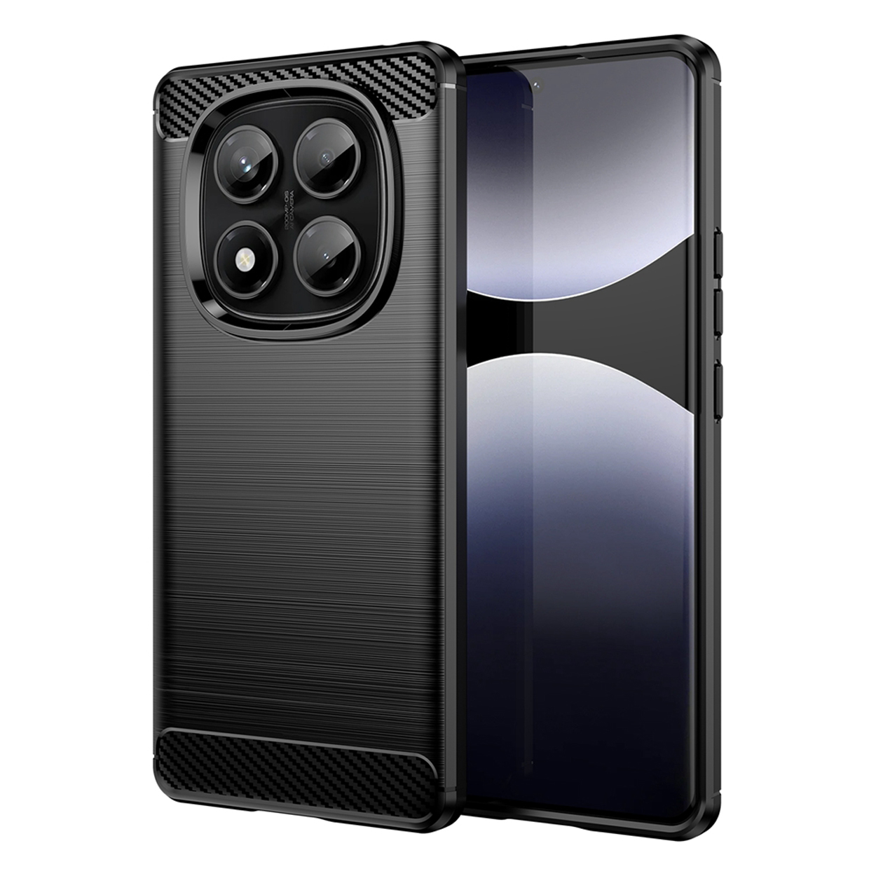 Zwarte telefoonhoes met een gestructureerde achterkant. De camera heeft een uniek ontwerp.