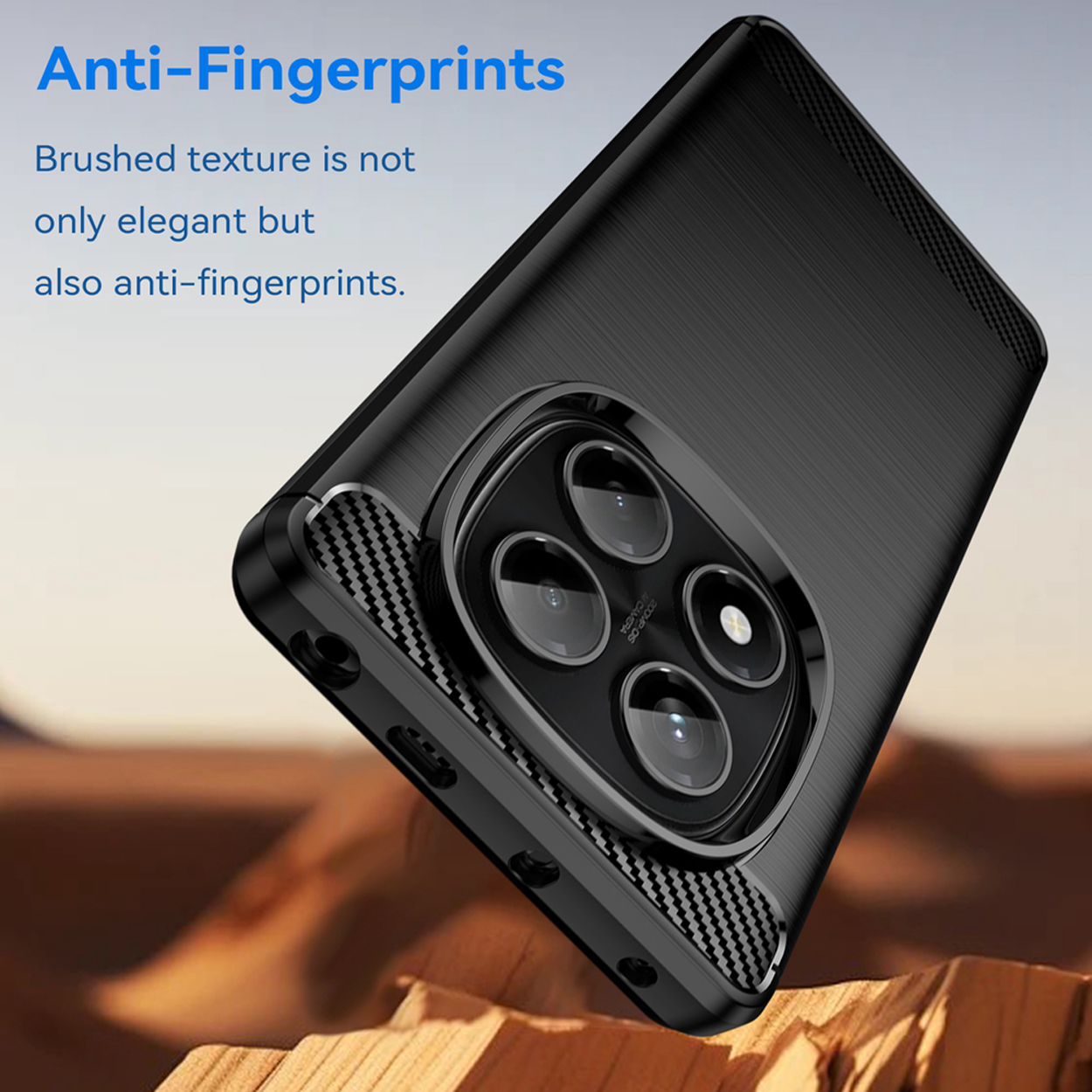 Een zwart telefoonhoesje met een textuur op de achterkant. De tekst luidt Anti-Vingerafdrukken.