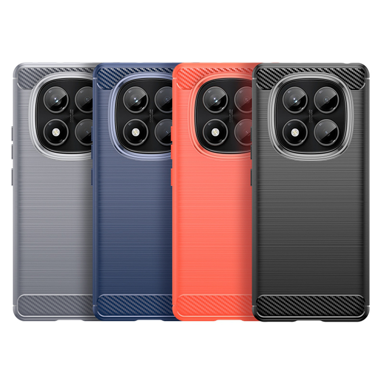 Vier telefoonhoesjes, verschillende kleuren, met een gestructureerd ontwerp. Allemaal op een witte achtergrond.
