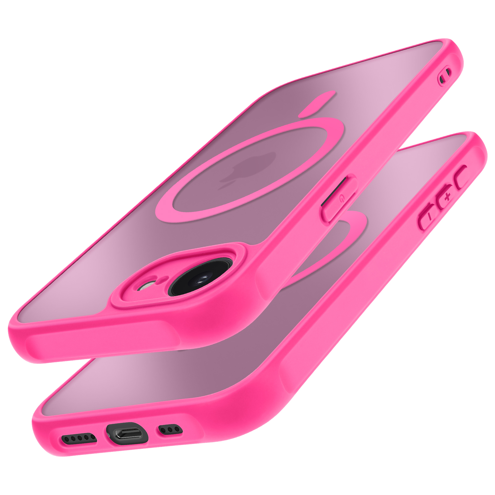 Coque de téléphone rose avec dos transparent et un logo Apple.