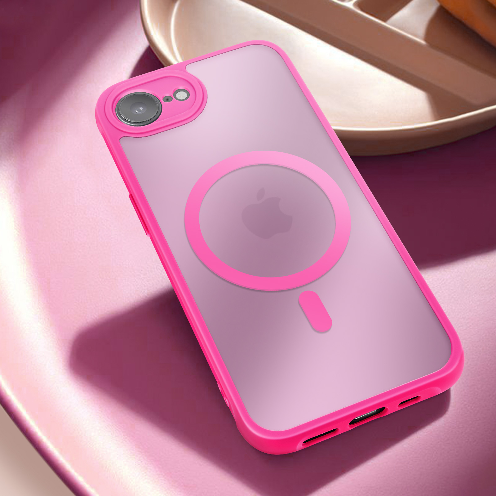 Une coque de téléphone rose avec un dos transparent et un cercle rose avec le logo Apple.